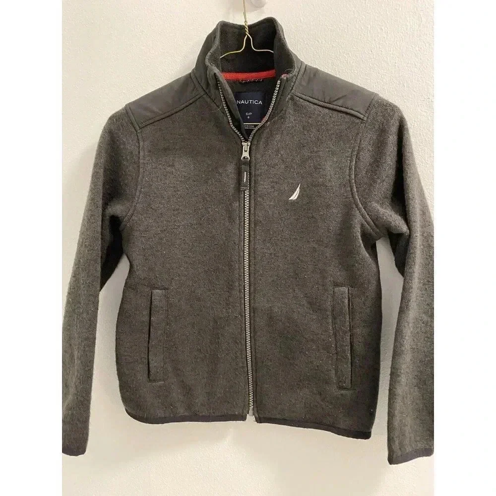 Nautica Boy's Size Small Gray Fleece Zip Front Jacket Black Vinyl Shoulder